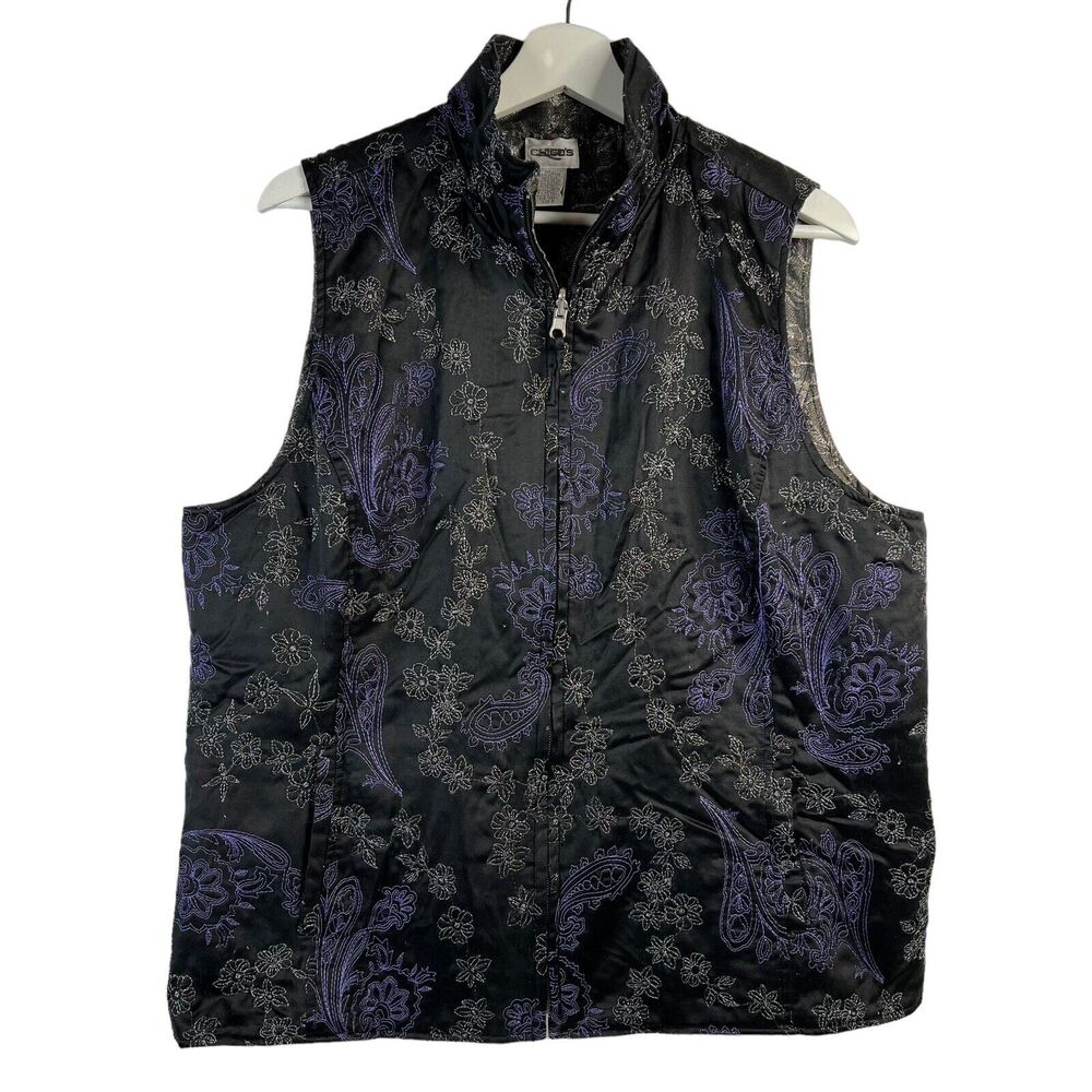 Chico's 3 US XL Reversible Vest Silk Blend Embroidered Full Zip Purple Black